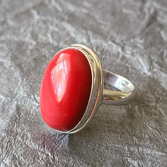 Red FauCoral Ring in Sterling Silver-Coral ring-Sterling silver ring-Chunky ring - Picture 3 of 7
